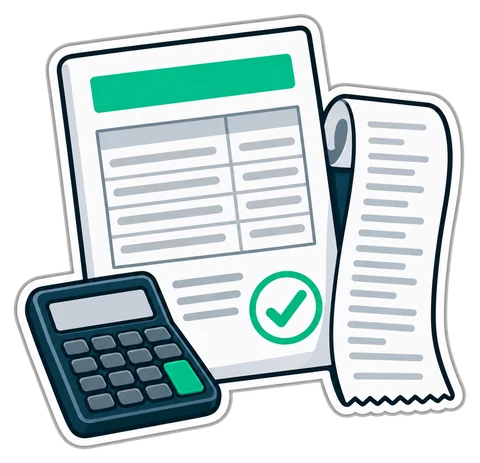 An A4 tax invoice beside a thermal receipt and a calculator