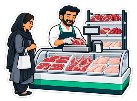 جزّار يزن اللحم على ميزان خلف واجهة عرض مبرّدة