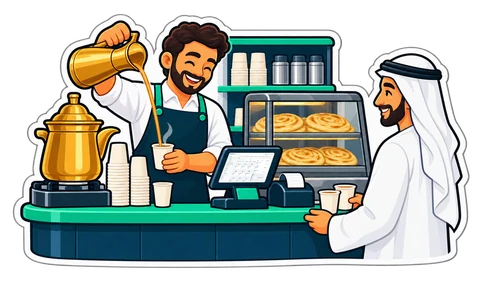 A cafeteria worker pouring karak tea for a customer beside the till