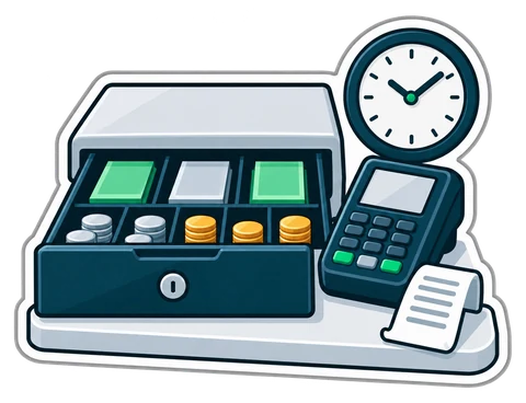 An open cash drawer, a card terminal, a clock and a shift report