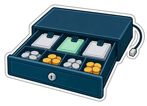 An open cash drawer with notes and coins