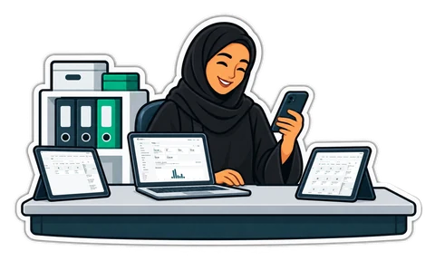 An owner at her desk following three branches on three screens and her phone