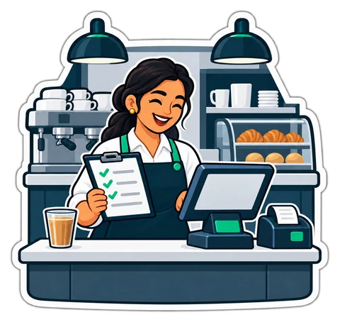 A café owner holding a ticked checklist beside her till