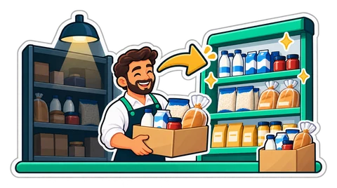 A shopkeeper moves goods from a forgotten dark shelf to the bright front shelf