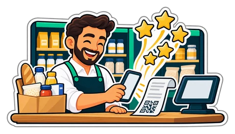 A shopkeeper scanning the QR code on a receipt as stars rise from it