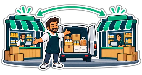 Two branches of one shop with a van between them carrying stock