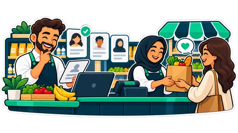 A shop team reviews customer groups and welcomes a returning shopper.