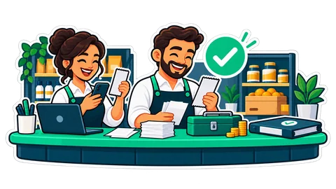 A shop team reviews receipts, an approval and a petty-cash box at the office desk.