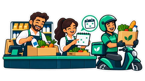 A shop prepares recurring grocery deliveries beside a calendar and customer membership cards.