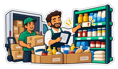 Delivery morning: a supplier unloads cartons as the shopkeeper re-prices a shelf label