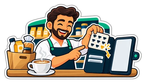 A café owner puts a coffee stamp card into a phone's wallet