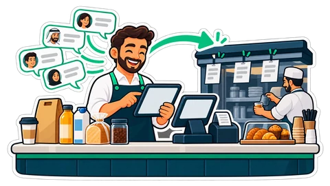 A café counter in the evening where chat messages become tickets for the kitchen