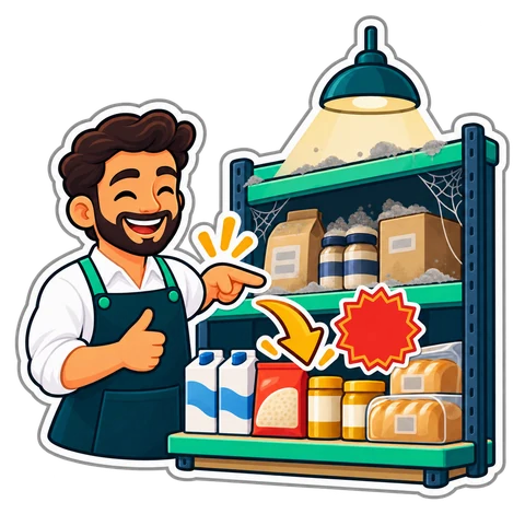 A shopkeeper points at a dusty shelf under a lamp as a discount tag moves the goods to the front