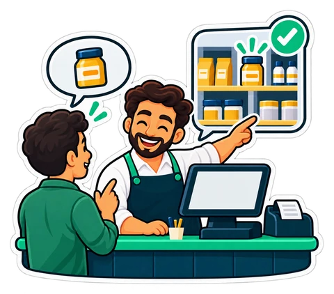 A customer asks for a jar and the shopkeeper's answer shows it on the shelf with a tick
