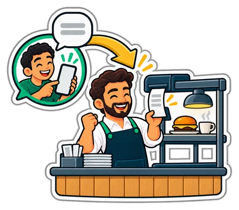 A customer's WhatsApp message carried to a café counter, where it becomes a kitchen ticket