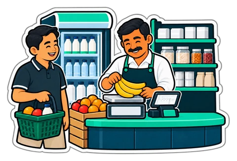 A grocer weighing bananas for a customer at a neighbourhood grocery counter