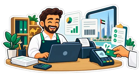 A till, an accountant's laptop and a phone paying by card, joined by calm lines of data