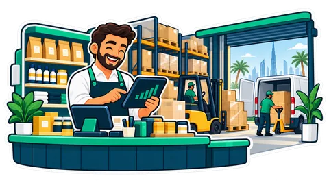 A trading company's counter beside its warehouse: cartons on shelves, a delivery note on a clipboard and the owner's phone