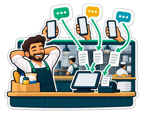 A restaurant counter where WhatsApp messages from several phones turn into order tickets