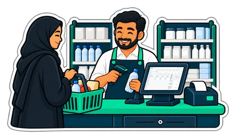 A cashier scanning a customer's shopping at a minimarket counter with a till, a receipt printer and a cash drawer