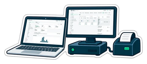 A laptop and a mini PC with a monitor, connected to a receipt printer