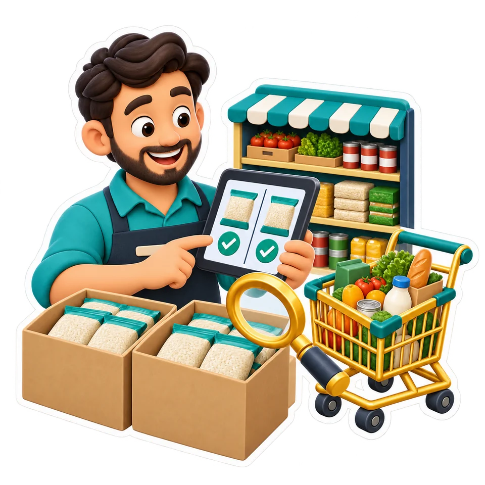 Shop owner comparing grocery packs before restocking
