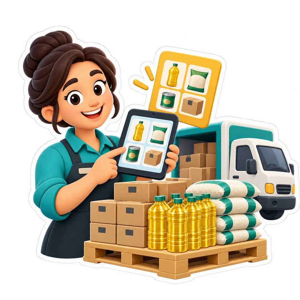 Wholesale supplier with a digital catalogue, grocery cartons and delivery van