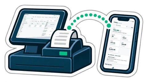 A till printing a receipt, and the sale appearing on a phone as rising bars