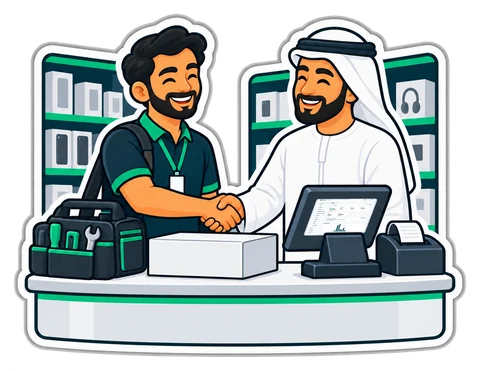 A technician and a shop owner shaking hands over a counter with a till