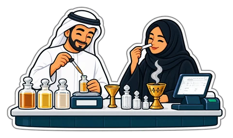A perfume counter with oil bottles, a small scale and a till
