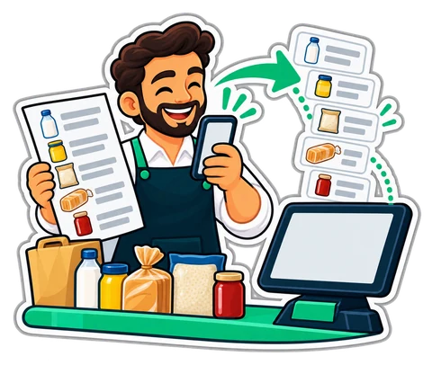 A shopkeeper photographs a supplier's printed price list and its rows flow into the till's product list