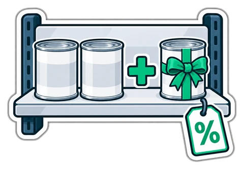 Two cans plus a third with a gift ribbon, and a percent tag