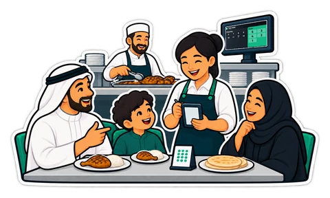 A waiter taking a family's order on a handheld at the table, with the kitchen pass behind