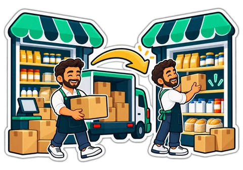 Boxes carried from one branch of a shop to the other by van, filling a gap on the shelf