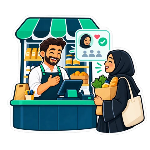 A shopkeeper welcomes a returning customer beside a profile card and consent checkmark.
