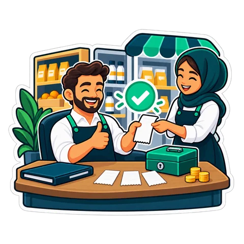 An employee submits a receipt to the shopkeeper beside a petty-cash box and approval checkmark.