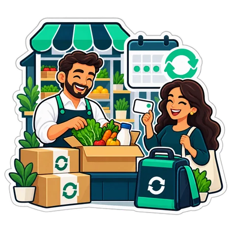 A shopkeeper packs a subscription grocery box beside a customer, a calendar and a repeat arrow.