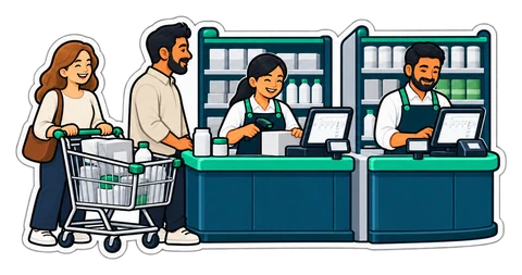 Two supermarket checkouts side by side, each with its own till, and shoppers with a trolley