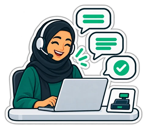 Illustration: a support agent with a headset answering messages at a laptop