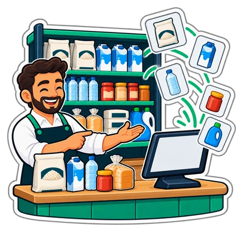 A grocer at a full shelf of everyday products whose picture cards fly into the till