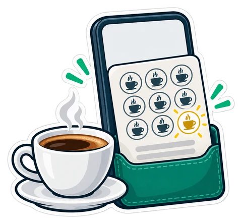 A coffee stamp card in a phone's wallet beside a cup of coffee, the last stamp glowing gold